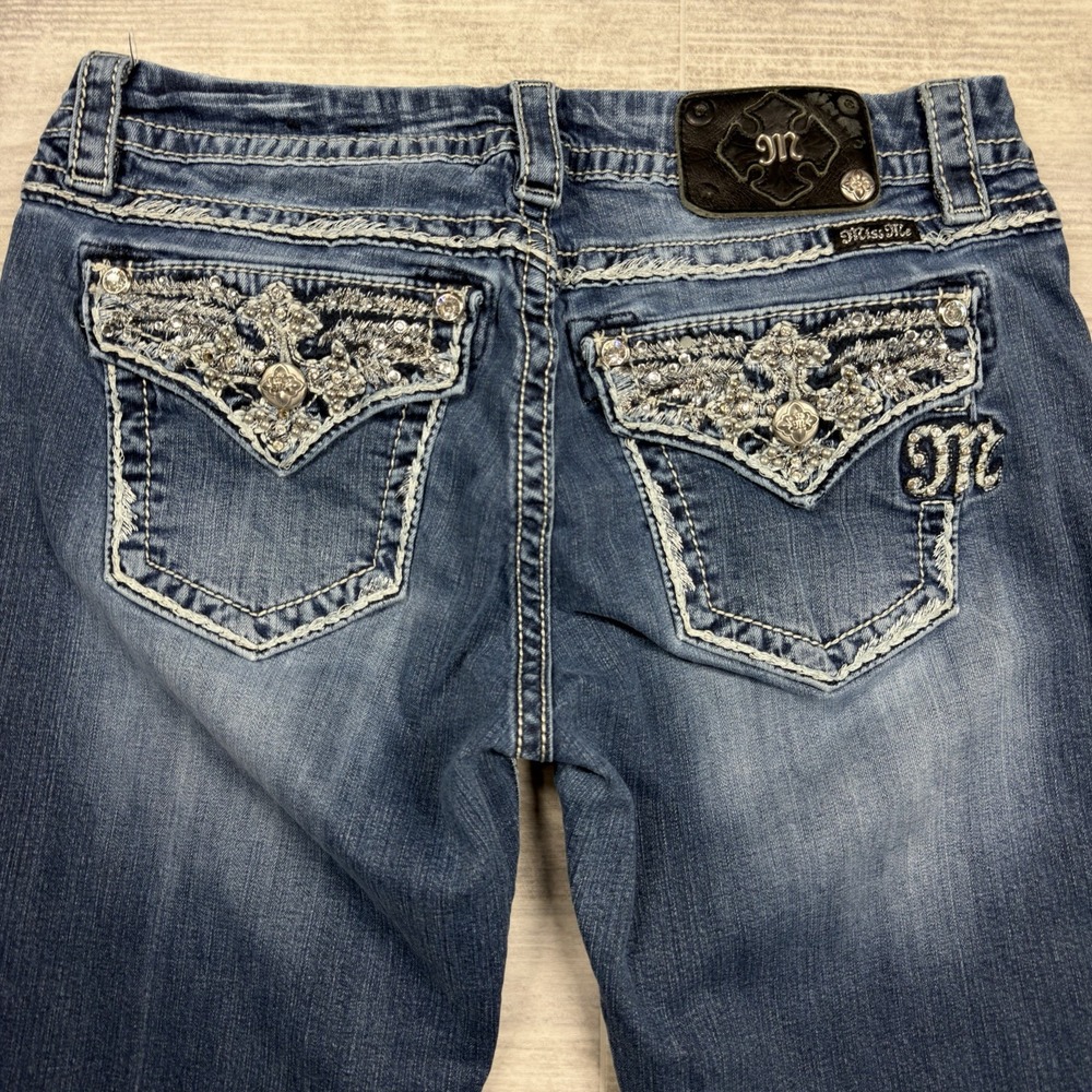 Miss Me Easy Boot JE8080EX Dark Wash Distressed Embellished Jeans Actual 30x33.5
